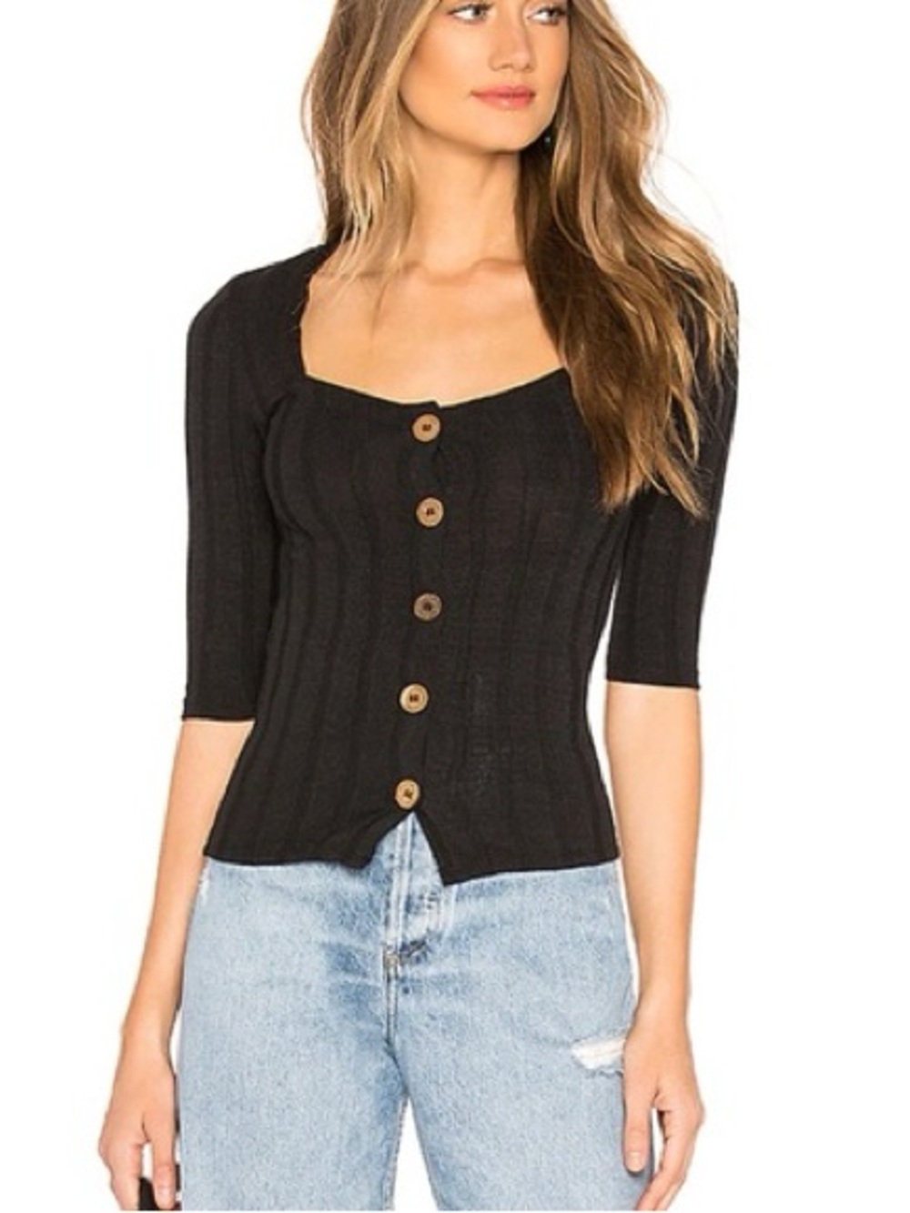Free People Black Ribbed Knit Top with Wood-Tone Buttons Size Medium